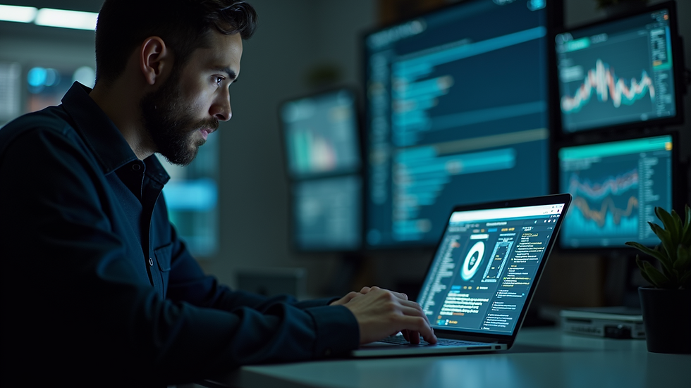 Close-up view of a cybersecurity leader analyzing data on a laptop in a dimly lit room
