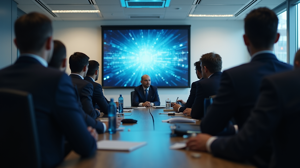 Eye-level view of a conference room with executives attending a cybersecurity training session