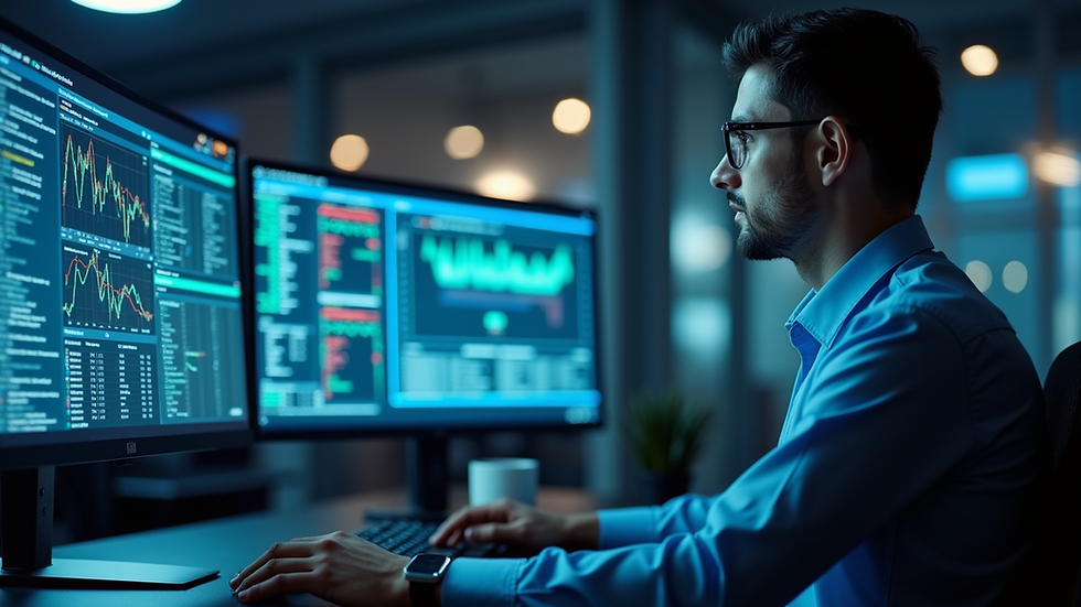 Eye-level view of a professional working on cybersecurity analysis with multiple screens