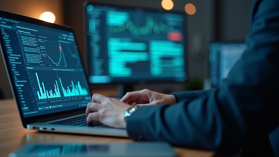 Close-up view of a professional analyzing cybersecurity data on a laptop