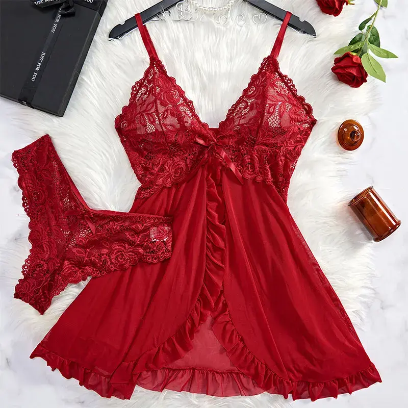 Conjunto Lingerie Slip Dress + Fio Dental — Renda e Babado