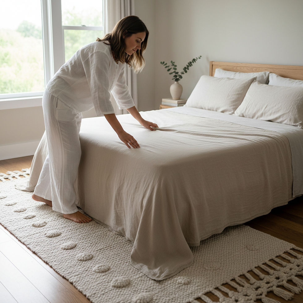 Stager arranging a bedroom