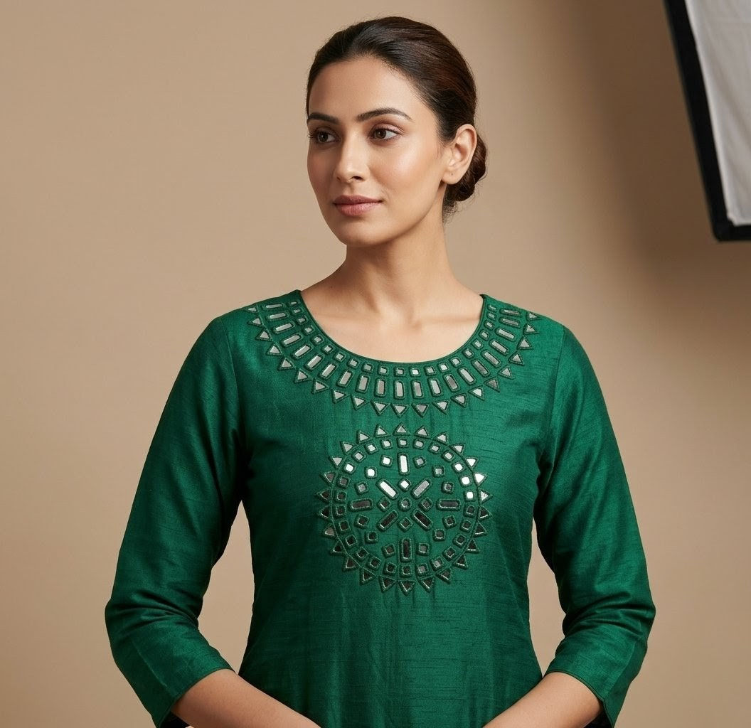 Green Mirror Work Kurti Fabric with Designer Neck Pattern 2.5 Meter
