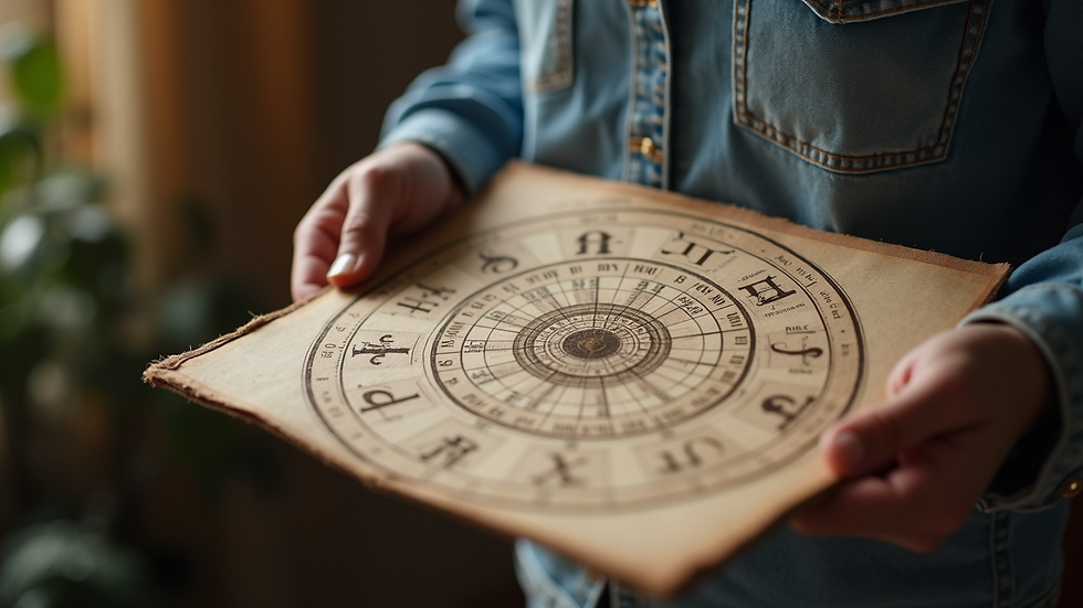 Close-up view of a person holding a zodiac sign chart