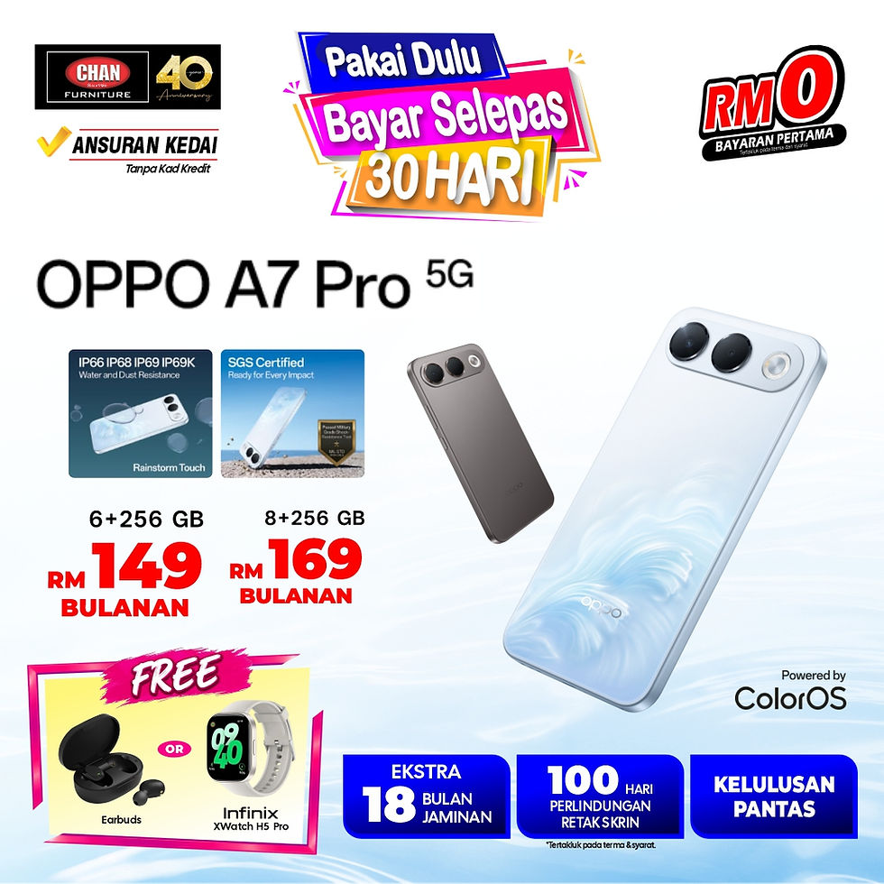 Promosi OPPO A7 Pro 5G Ansuran Kedai berspesifikasi 6+256GB dan 8+256GB berserta pilihan hadiah percuma Earbuds atau Infinix XWatch H5 Pro