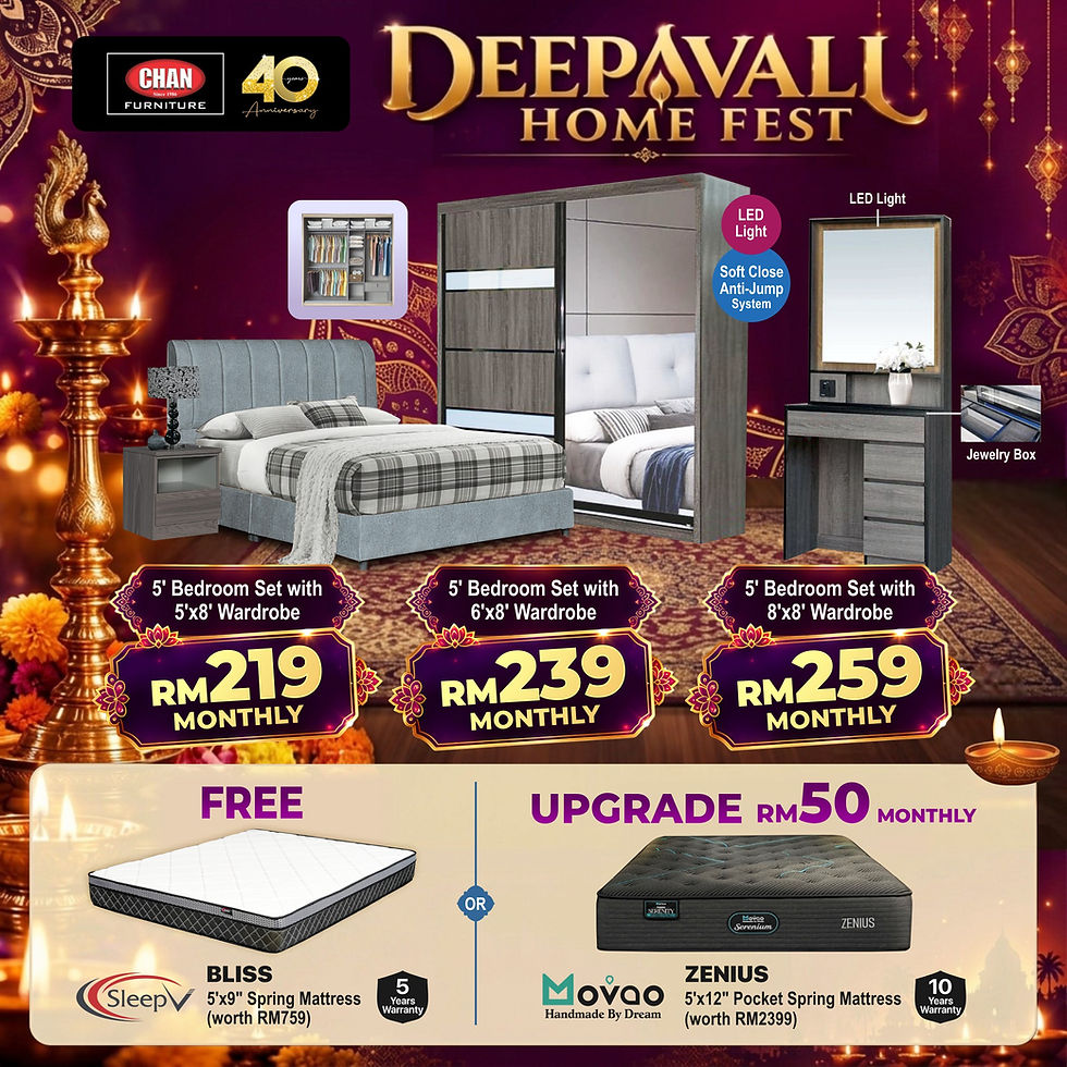 Promosi Set Bilik Tidur Mewah Deepavali Home Fest merangkumi set bilik tidur 5 kaki dengan pilihan almari pakaian 5'x8', 6'x8', atau 8'x8' berserta pilihan tilam percuma atau naik taraf