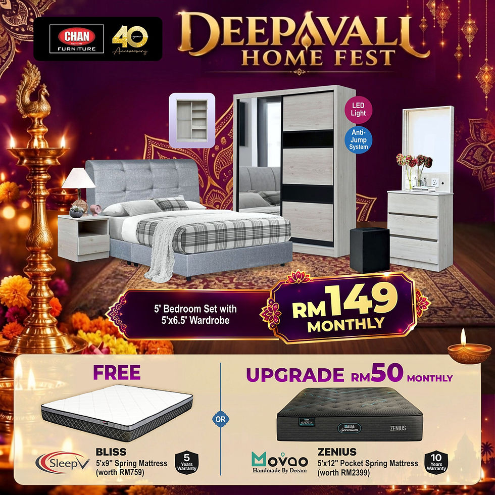 Promosi Set Bilik Tidur 5 Kaki Deepavali Home Fest merangkumi set bilik tidur dengan almari pakaian 5'x6.5' berona cerah, meja solek, serta pilihan tilam percuma atau naik taraf