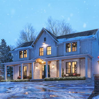 Modern Farmhouse, Design, Exterior House Design, White Siding House, White House Design, Modern Farmhouse Architecture, Front Porch, Farmhouse Front Porch, Farmhouse Winter, Exterior Rendering, Curb Appeal