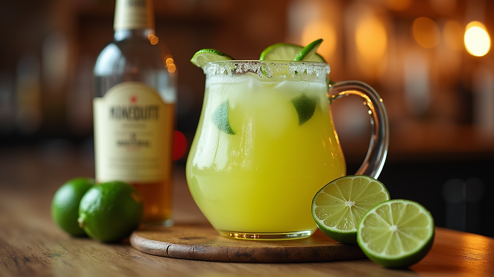Close-up view of a margarita pitcher with fresh lime slices on a bar table