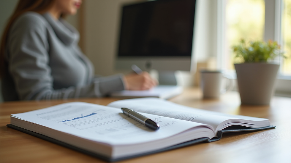 Eye-level view of a peaceful home office with a financial planning book