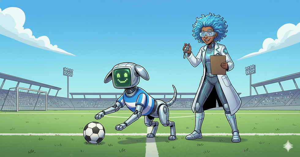 Thumbnail: Interior page: Professor Circuit coaches Glitch the robot dog in soccer. Shows how AI learns through training & practice.