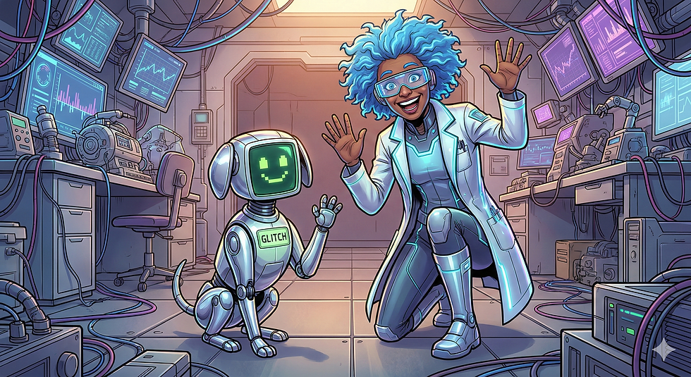 Thumbnail: Cover Photo-AI Adventures for Kids graphic novel cover with Professor Circuit & robot dog Glitch. Fun STEM comic.