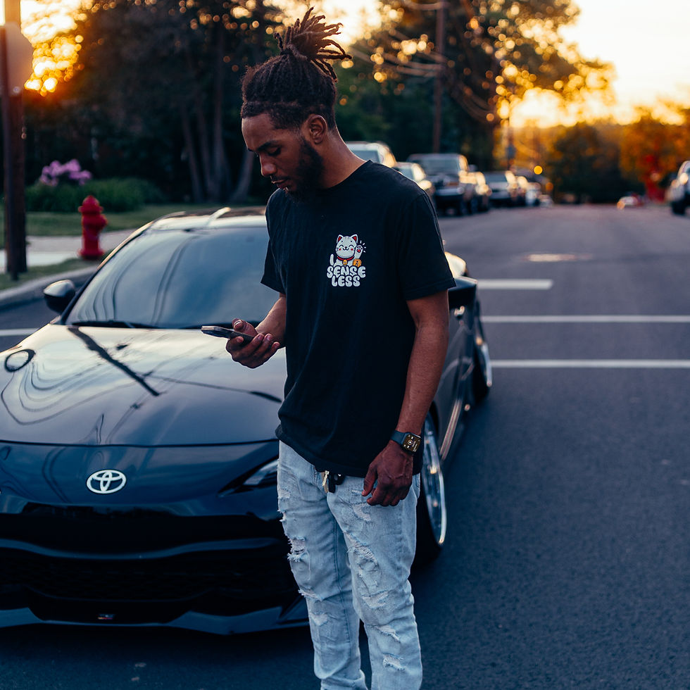 Thumbnail: Senseless Lucky Cat Racing With Nine Lives JDM Style T-Shirt with Subaru BRZ