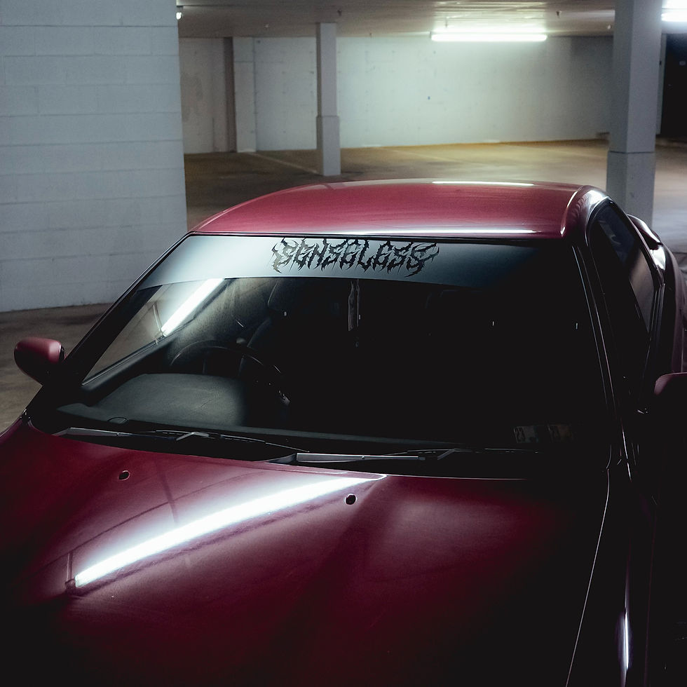 Thumbnail: Senseless Co Black Metal Logo Sun Strip Windshield Banner on Nissan Skyline R32