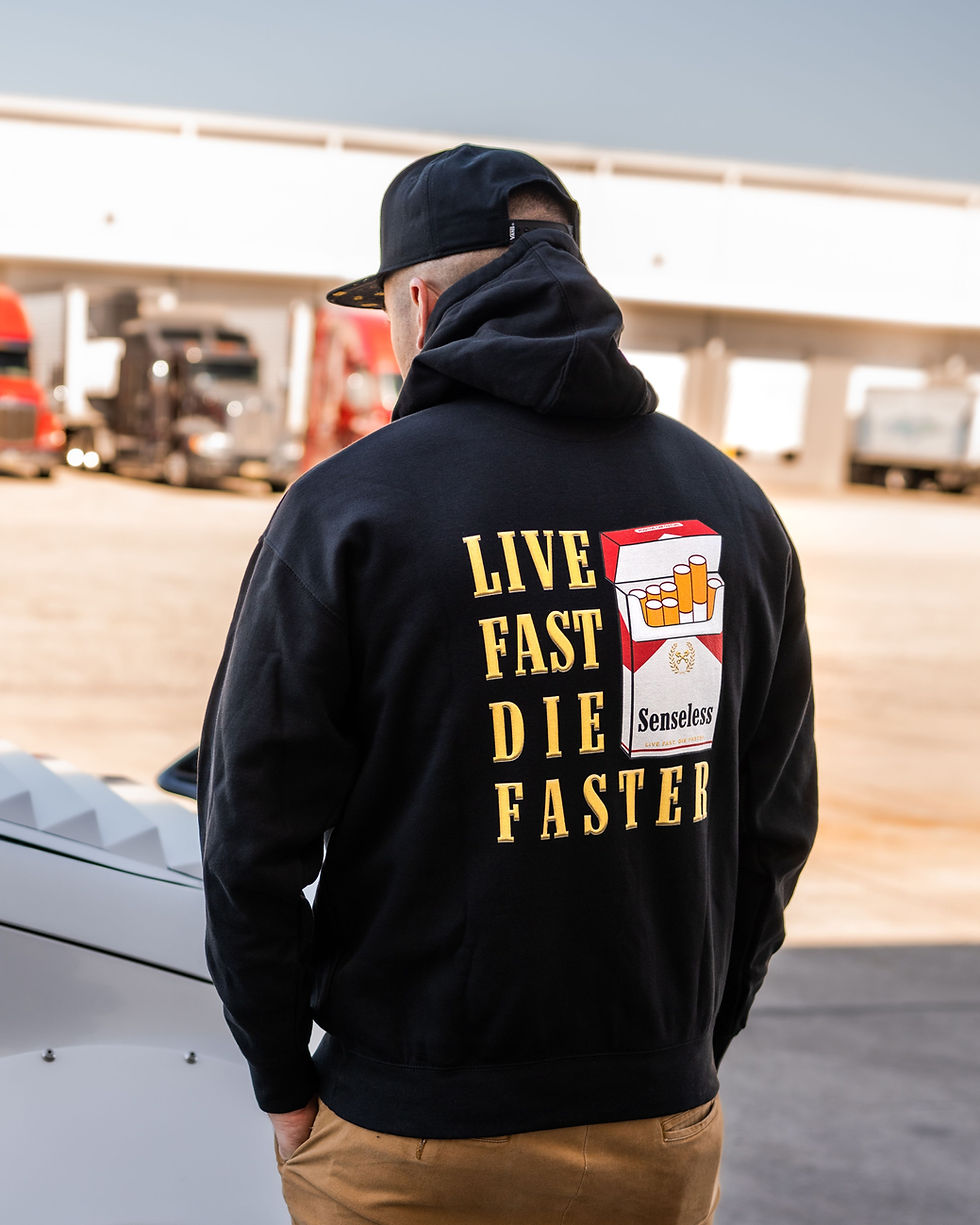 Man Wearing Live Fast Die Faster Black Hoodie