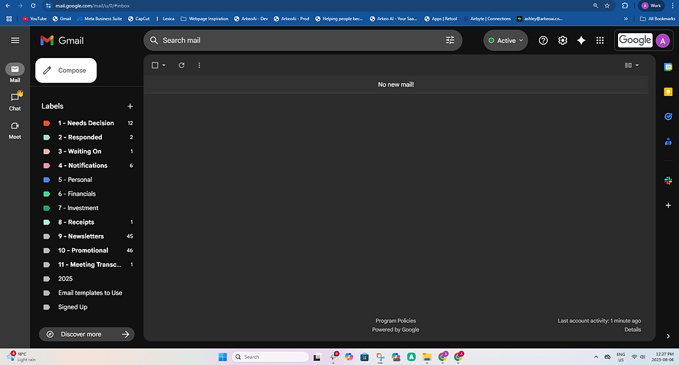A Founder's inbox sitting at 0, emails are being sorted every minute into labels. Filtering out the noise of promotional, newsletters, cold emails and more.