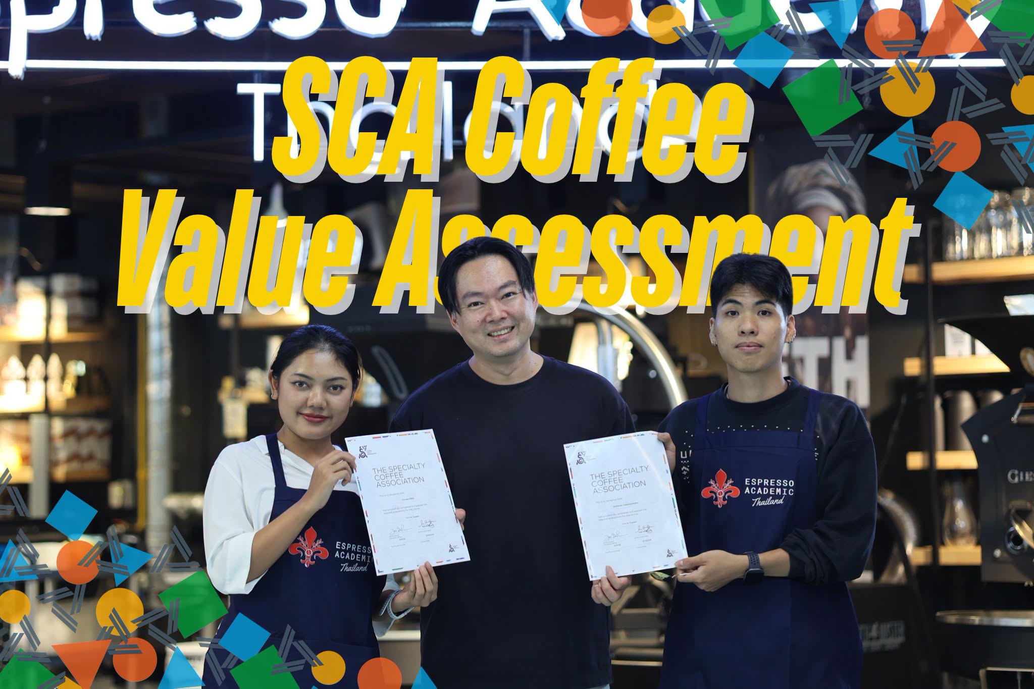 CVA for Cuppers learners holding course documents with their trainer at Espresso Academic in Bangkok.