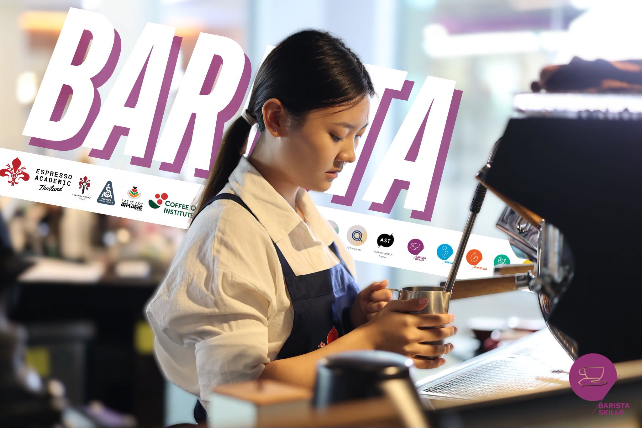 An EA Barista student practising milk steaming at the espresso machine in Bangkok, beneath the original class title.