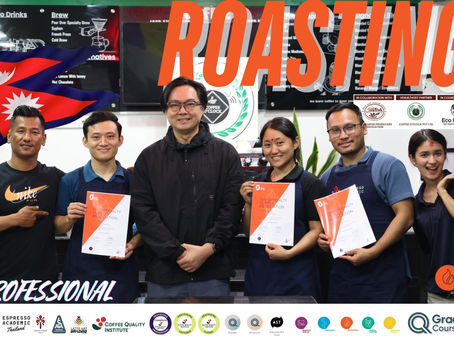 The Chitwan Roasting Professional group holding course documents beneath the original orange Roasting title.
