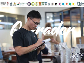 Q Grader Day 1 in Bangkok: a student records sensory observations at the cupping table.