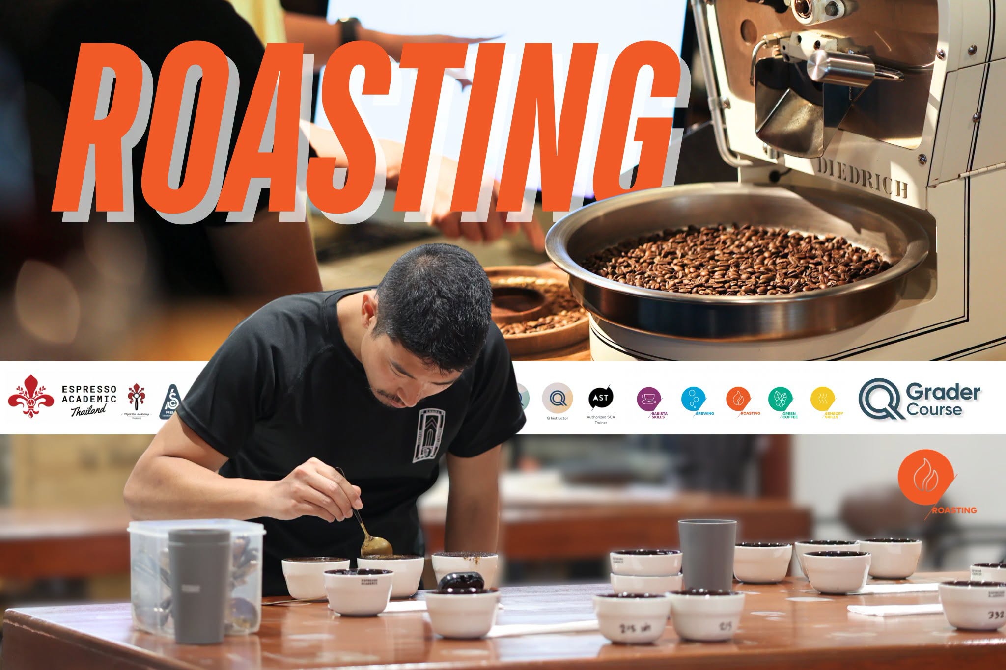 An EA Roasting participant tasting coffee beneath the original Roasting class artwork, with a coffee roaster pictured behind.