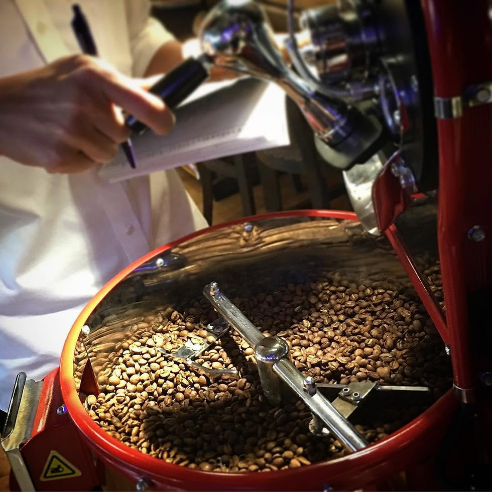 Roasted coffee beans, roasting equipment and handwritten notes in Anaya’s original photograph.