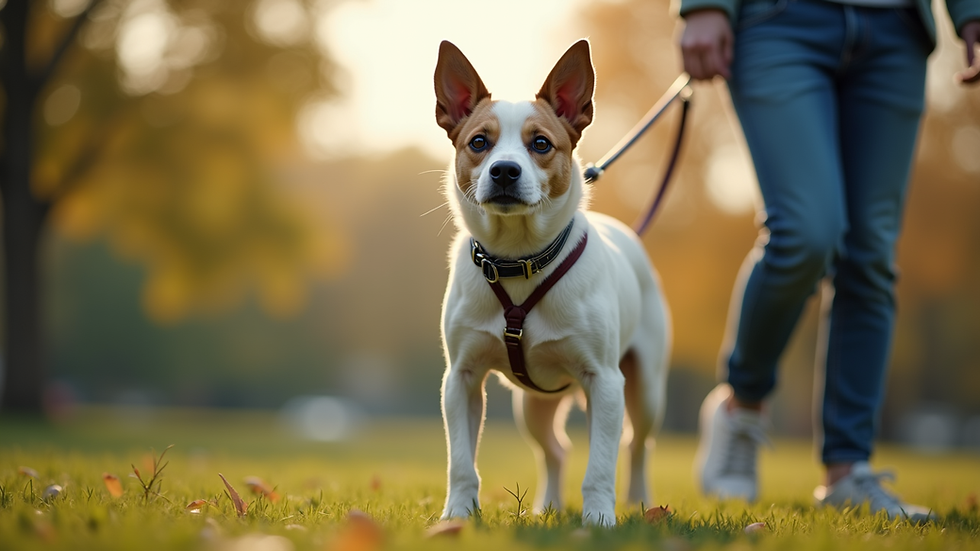 Eye-level view of a dog on a leash looking alert in a park