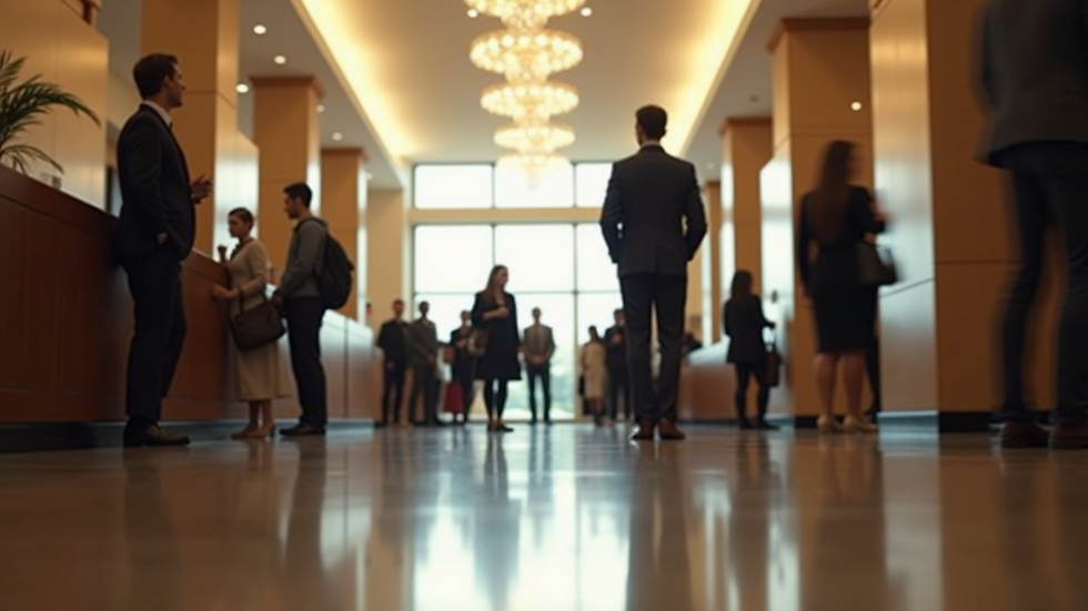Eye-level view of a busy hotel lobby with guests checking in