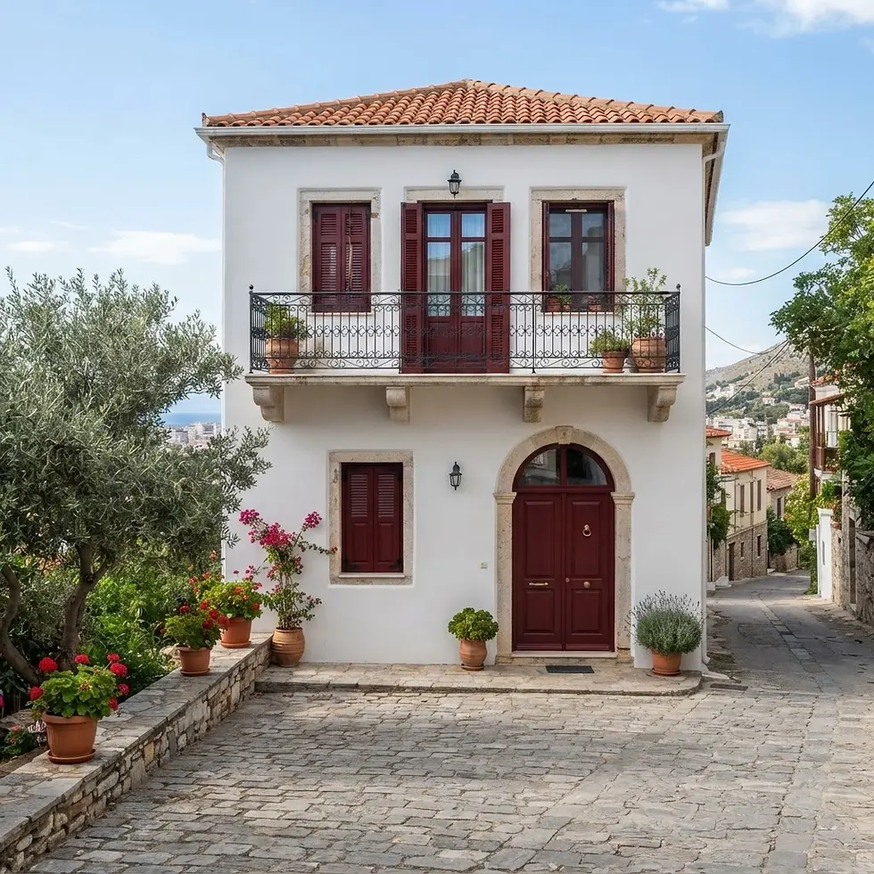 Outdoor architectural photography of a traditional white stucco Mediterranean house with red shutters and doors. The building features a small balcony and a cobblestone street, conveying a charming and historic atmosphere.