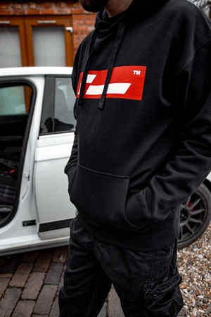 BLACK HOODIE, RED LOGO