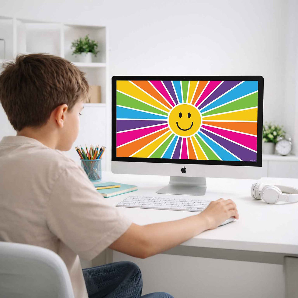 Boy using a desktop computer with the colourful Starburst smiley wallpaper on screen.