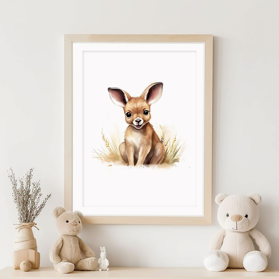 Bush Babies Kangaroo printable wall art in a frame on a wall above a shelf with soft toys in a child's room.