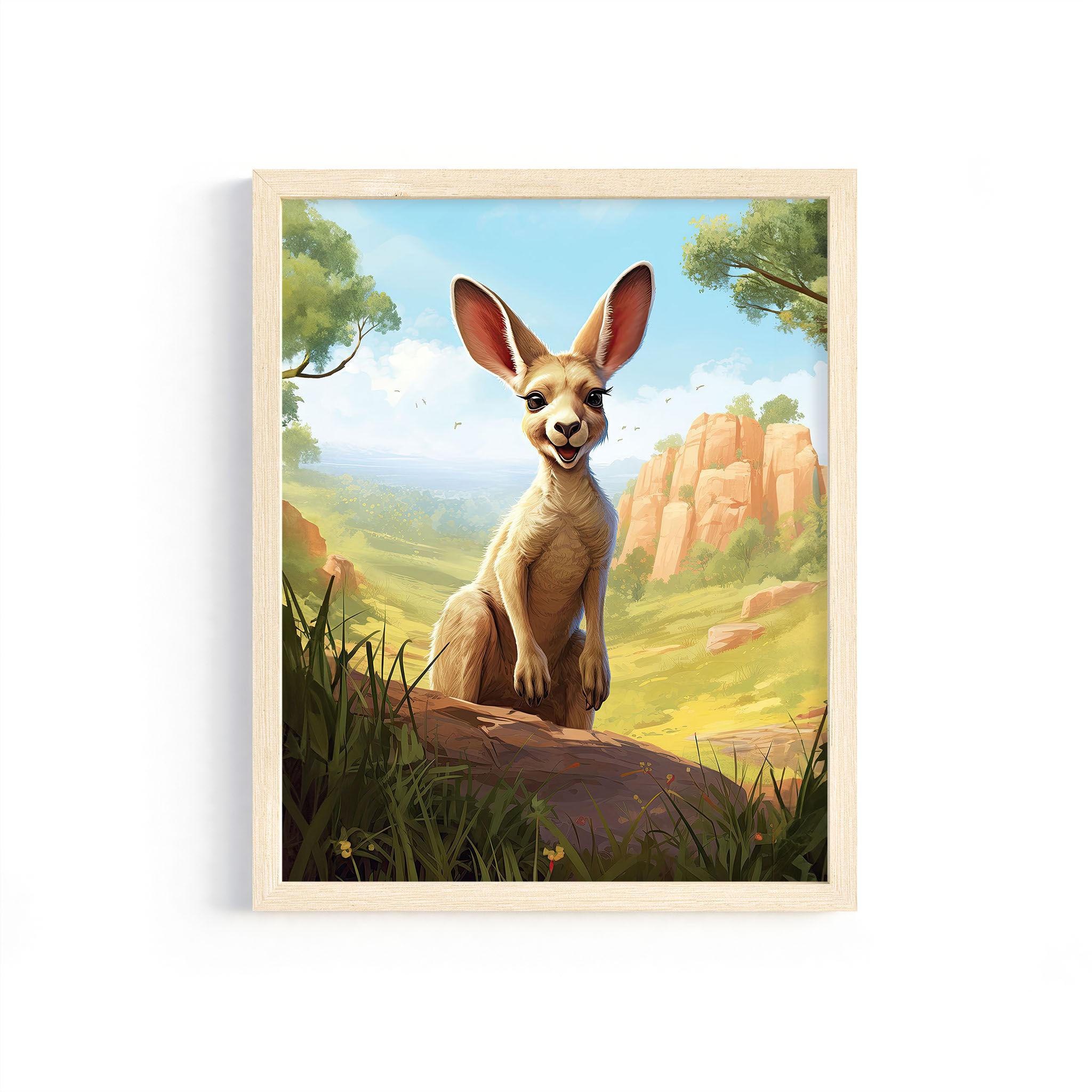 Outback Charm Kangaroo printable wall art in a frame. Design features a kangaroo in the Australian Outback.