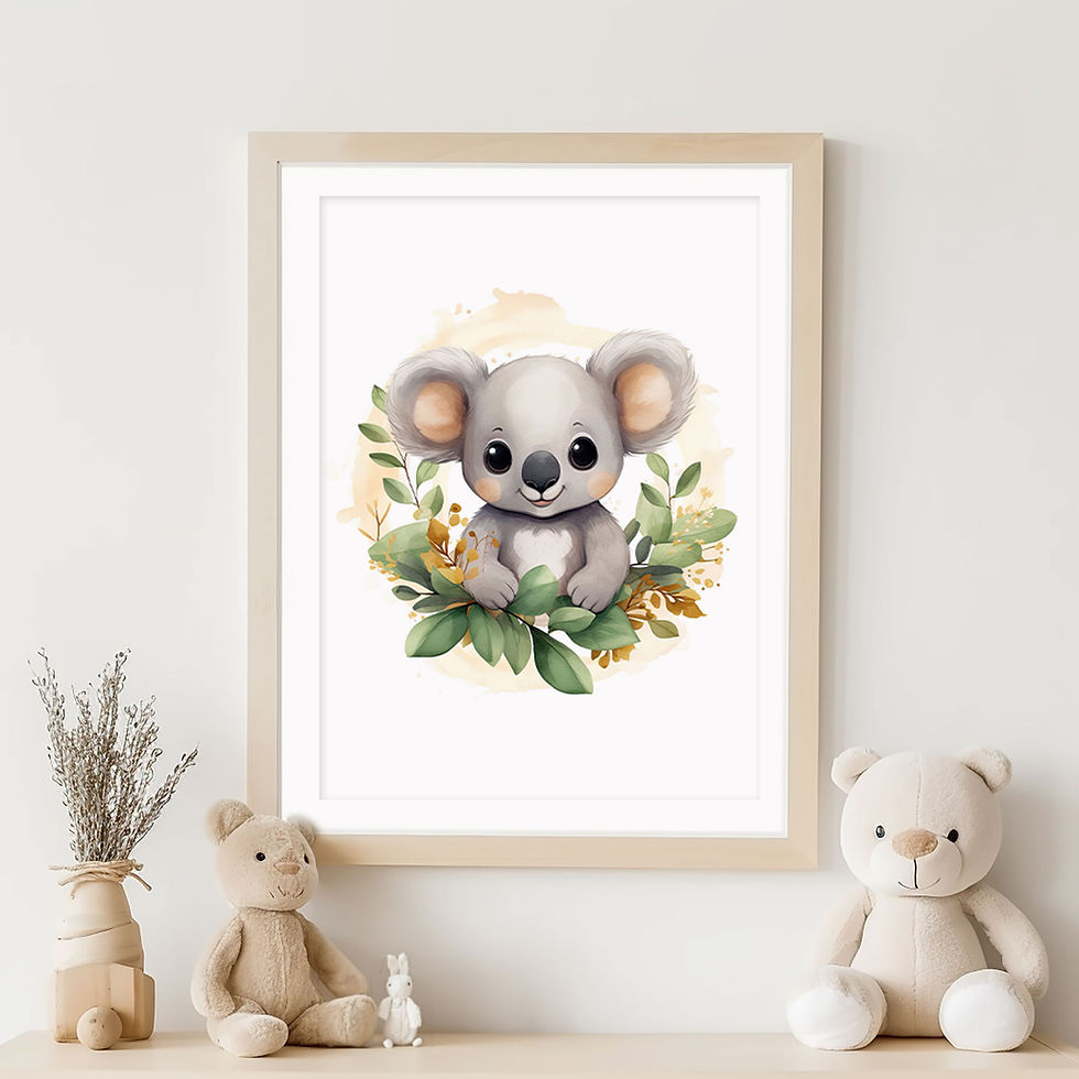 Aussie Blossoms Koala printable wall art in a frame on a wall above a shelf with soft toys in a child's room.