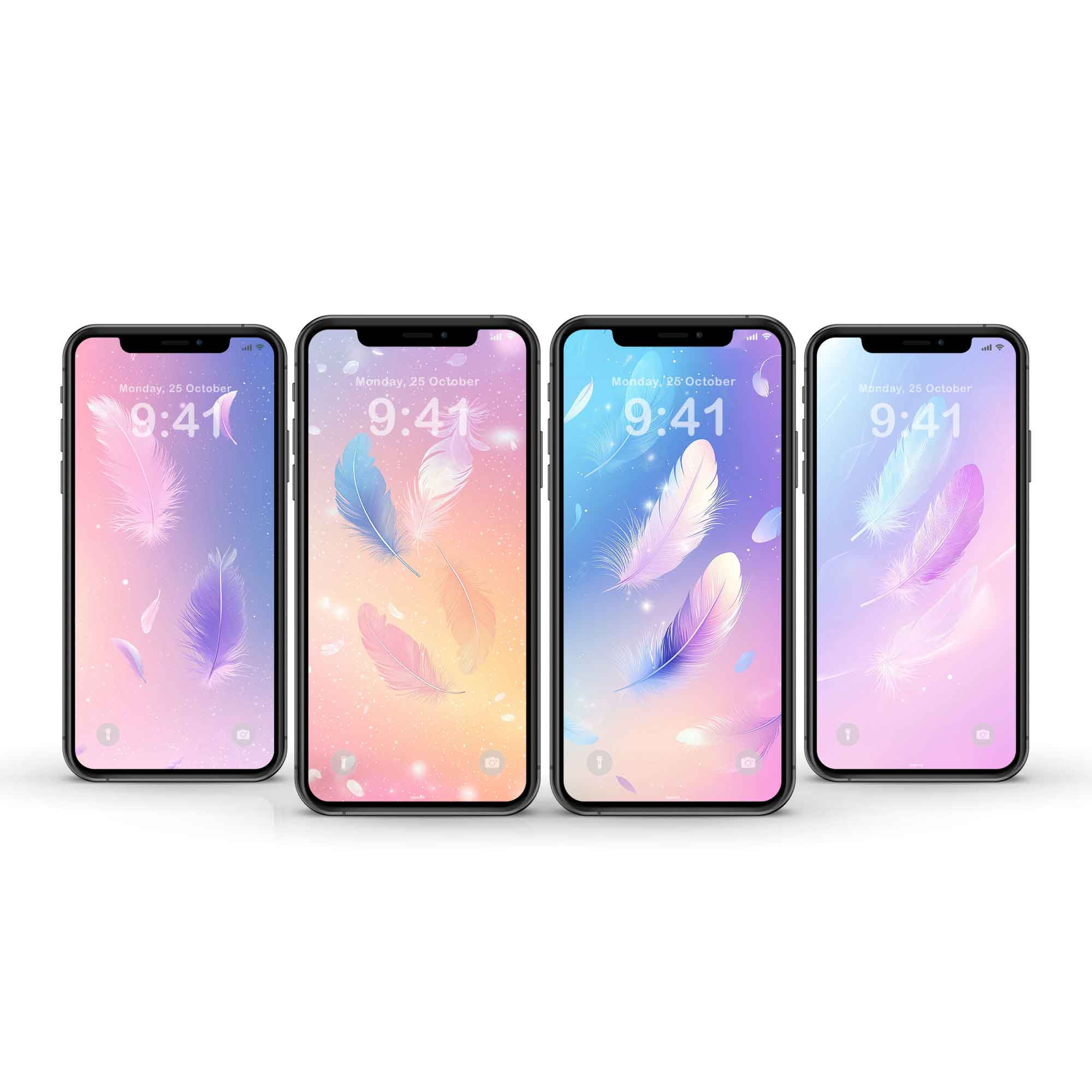 Pastel feather phone wallpapers with soft pink, purple, and blue gradients displayed on smartphones