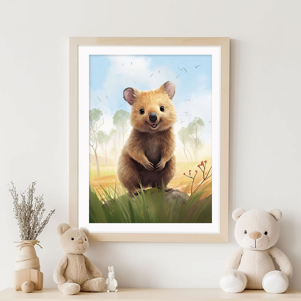 Outback Charm Quokka printable wall art in a frame on a wall above a shelf with soft toys in a child's room.