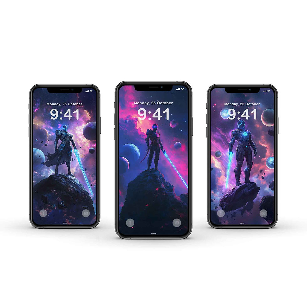 Cosmic Warriors phone wallpaper pack featuring three futuristic warriors in vibrant pink, purple and blue