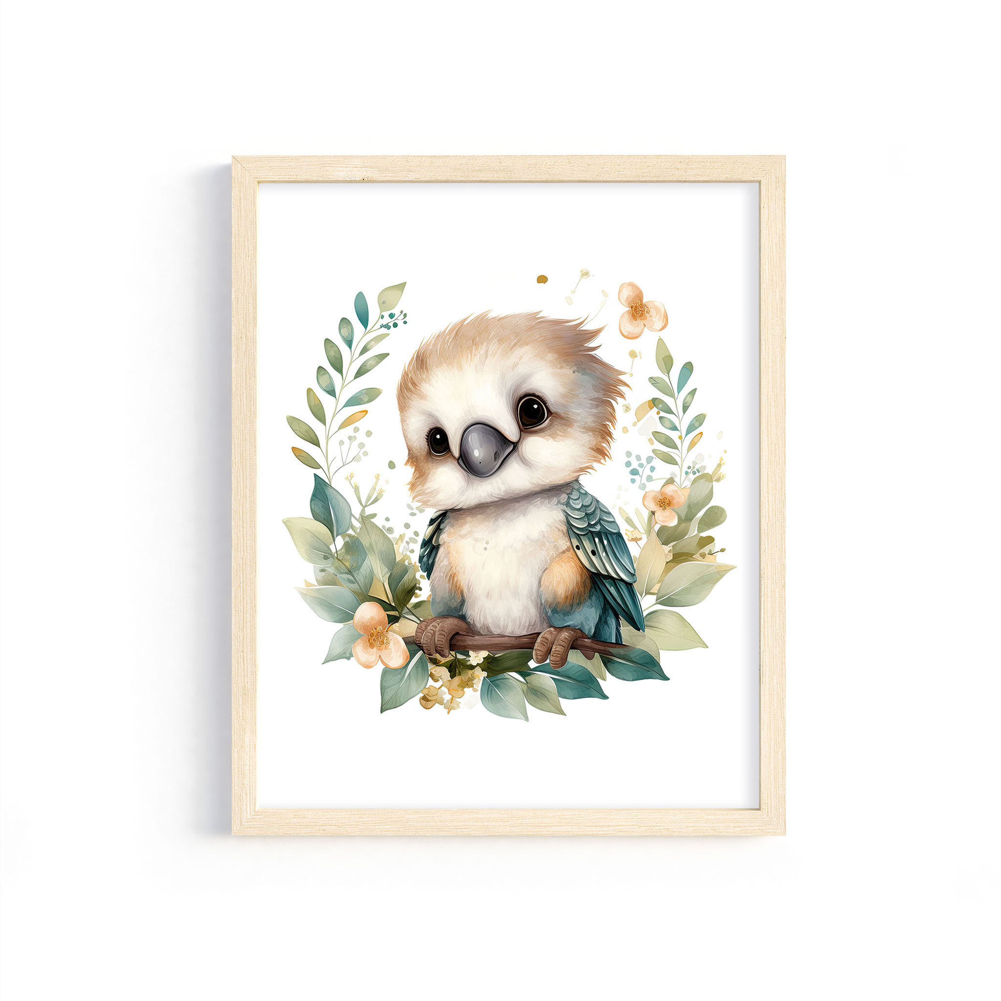 Aussie Blossoms Kookaburra printable wall art in a frame. Design features a kookaburra surrounded by flowers and leaves.