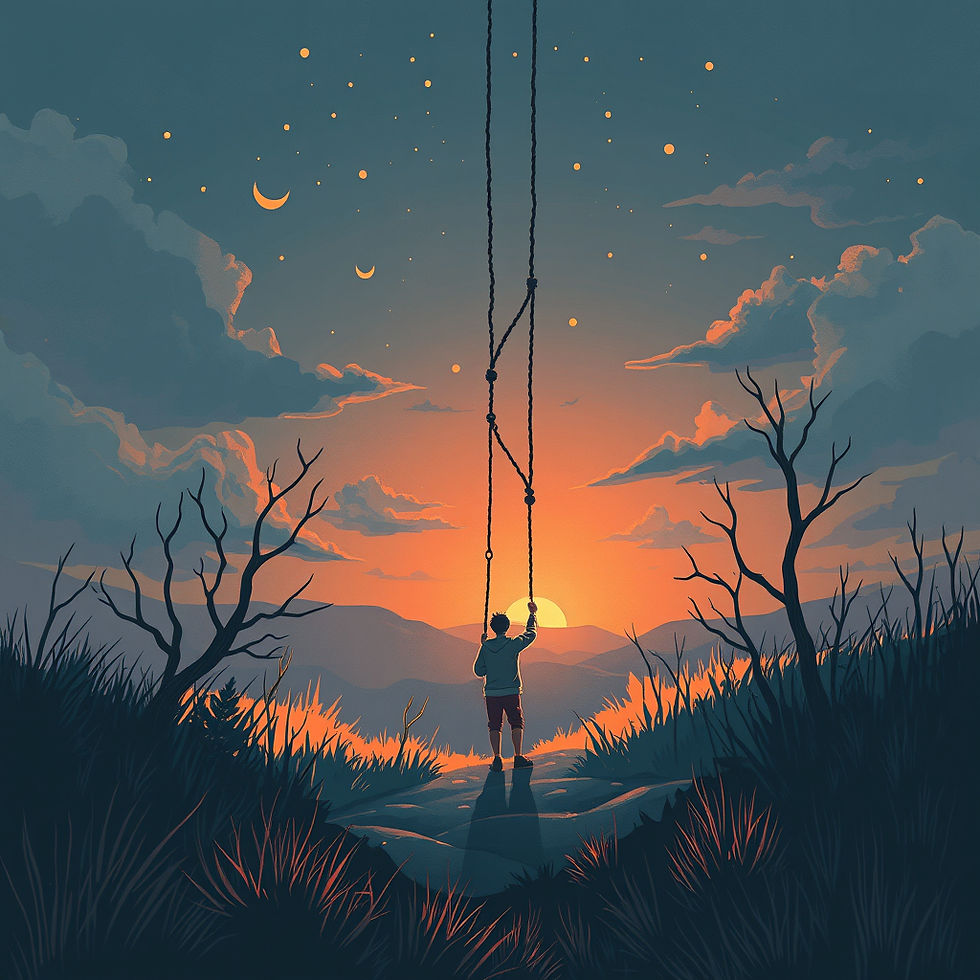 A man hanging onto the past, holding a swing, going into the sky.