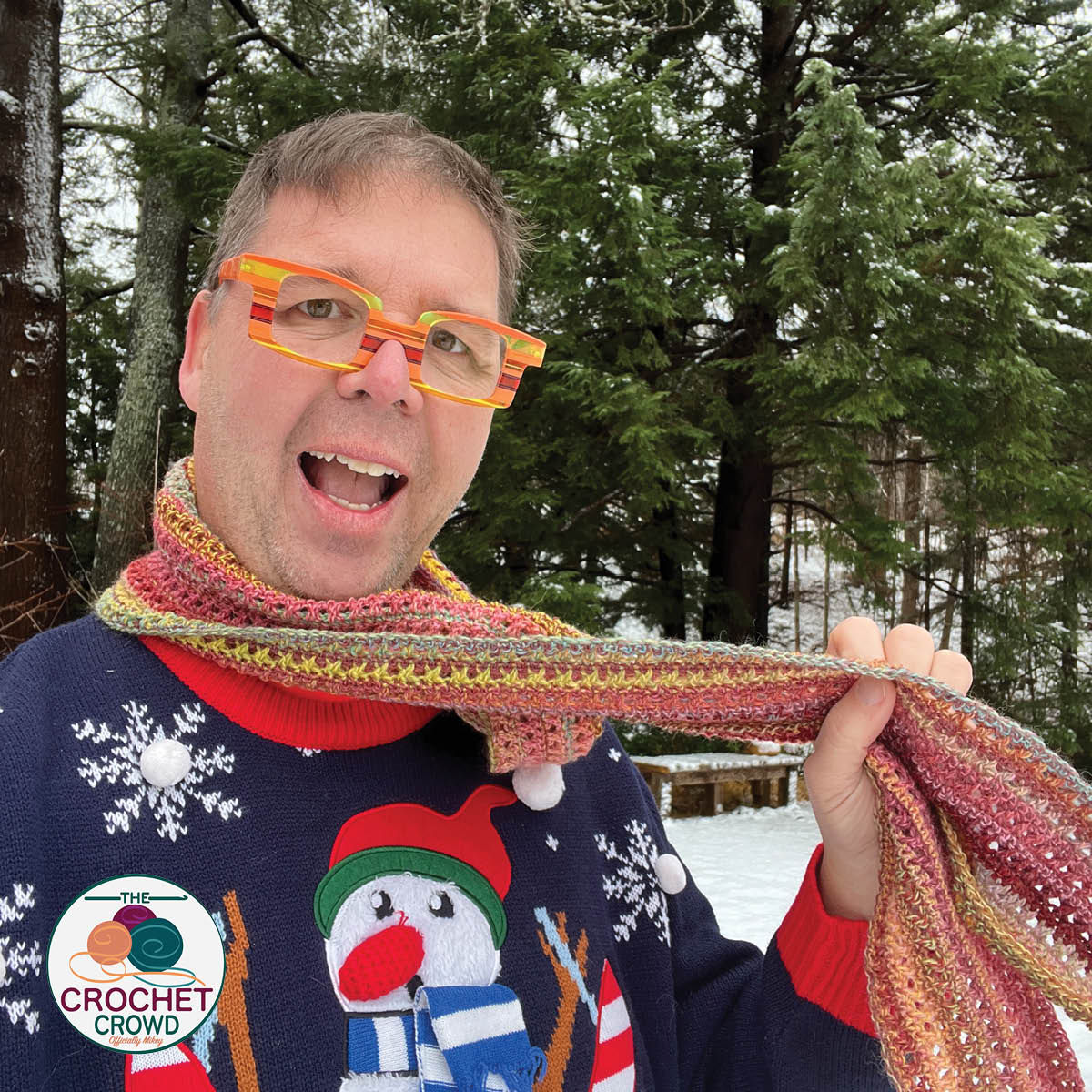 Man wearing easy 2-row repeat crochet casual scarf