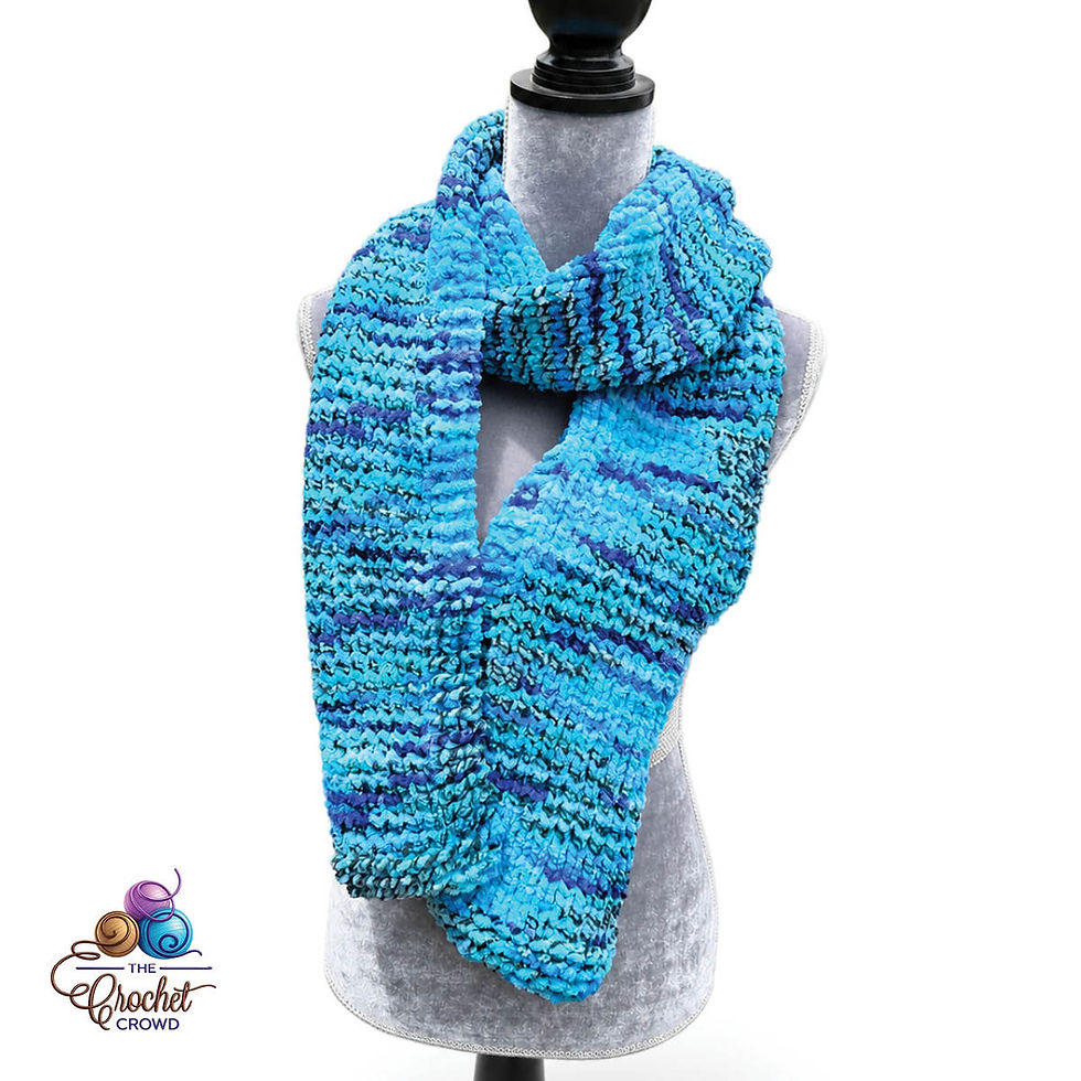 Knit chunky weight scarf using Bernat Blanket yarn called Swivel