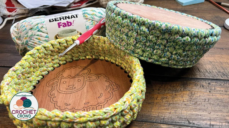 crochet bowls around laser-cut bases.