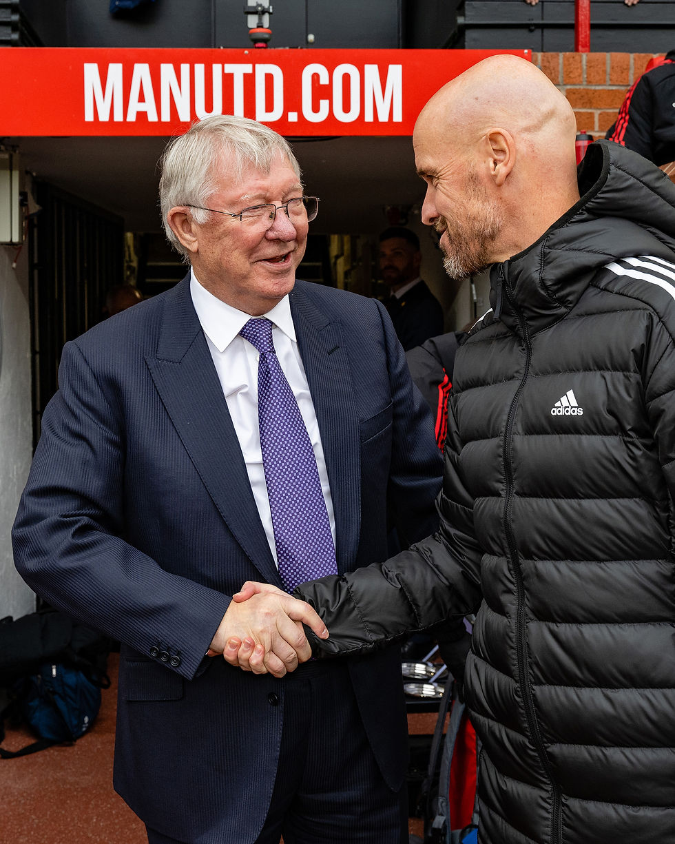 Sir Alex Ferguson and Erik ten Hag embrace at Old Trafford