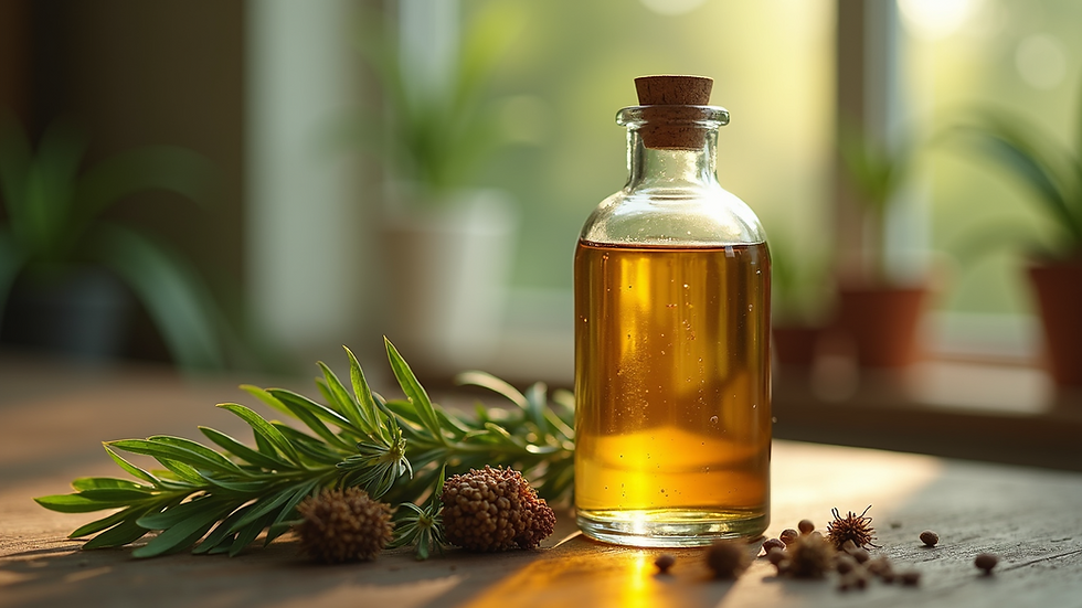 Close-up view of a glass bottle filled with herbal tincture