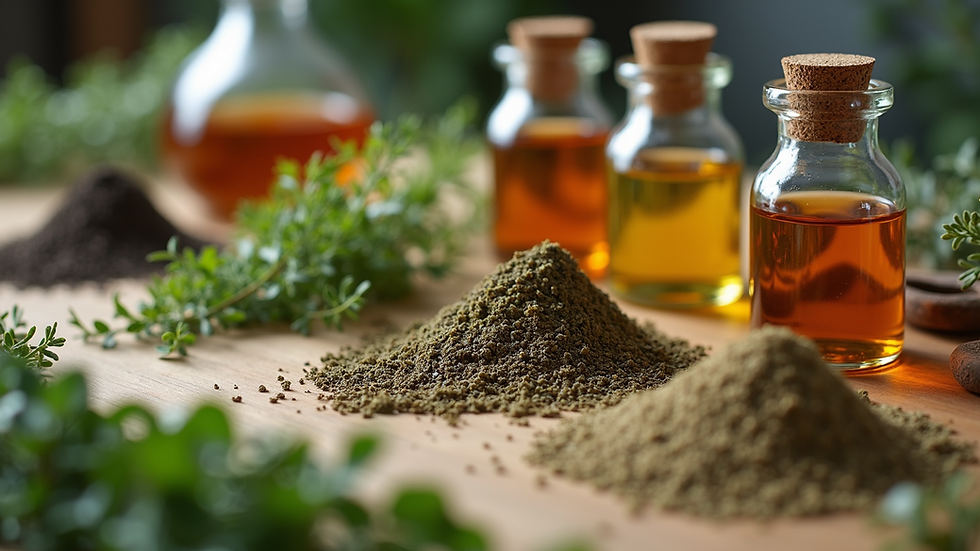 Eye-level view of various herbs laid out for tincture preparation