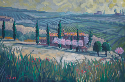 landscape painting of a vineyard and home in Tuscany Italy by Randall Shier