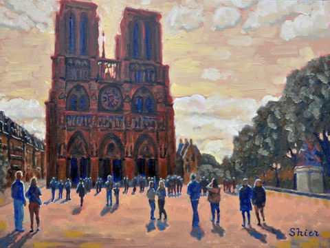 Architecture and cityscape Oil painting of people in front of Notre Dame, Paris by Canadian artist Randall shier