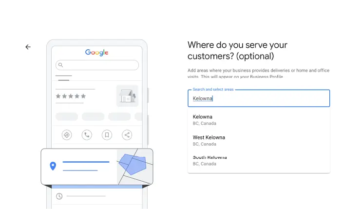Screenshot of adding service locations to GBP