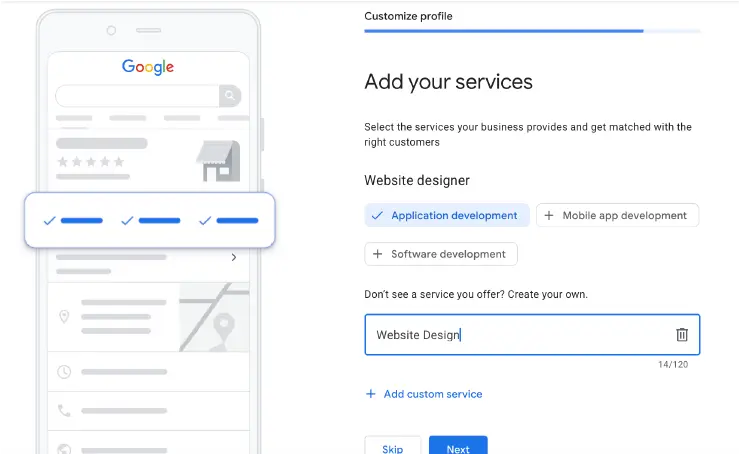 screenshot of adding services to GBP