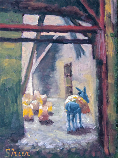 cityscape oil painting of a donkey standing in the street by Canadian artist Randall Shier